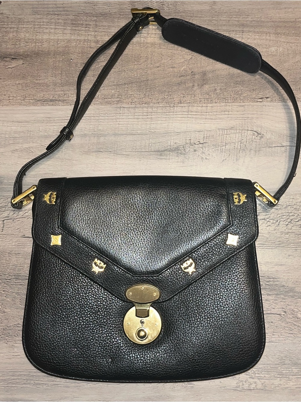 Vintage MCM Black Leather Envelope Crossbody Bag with Gold Hardware